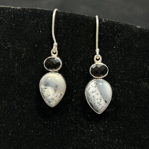 Vtg Aryo Signed 925 Sterling Silver Dangle Earrings Grey, White & Blk Stones